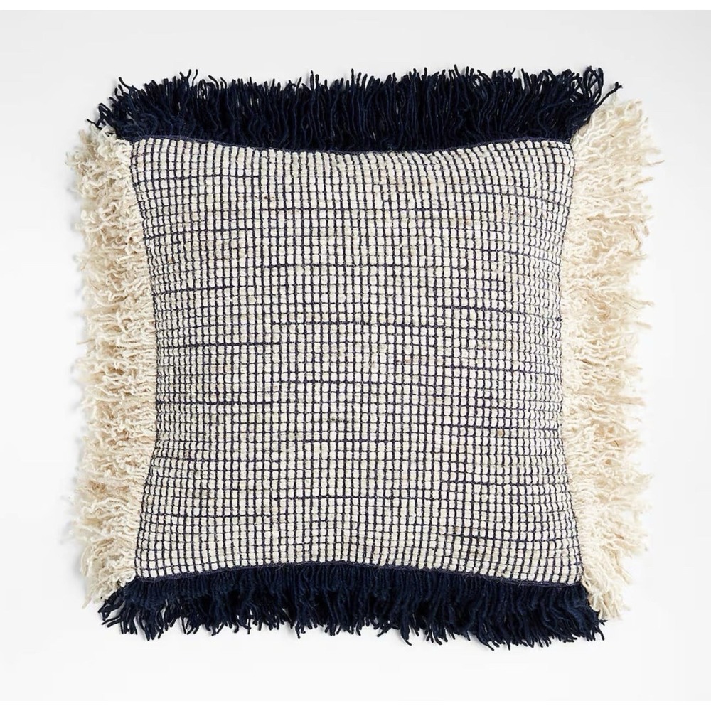 Crate & Barrel Handspun Wool Pillow Cover Blue White 18" Sq   "Guthrie" Fringe